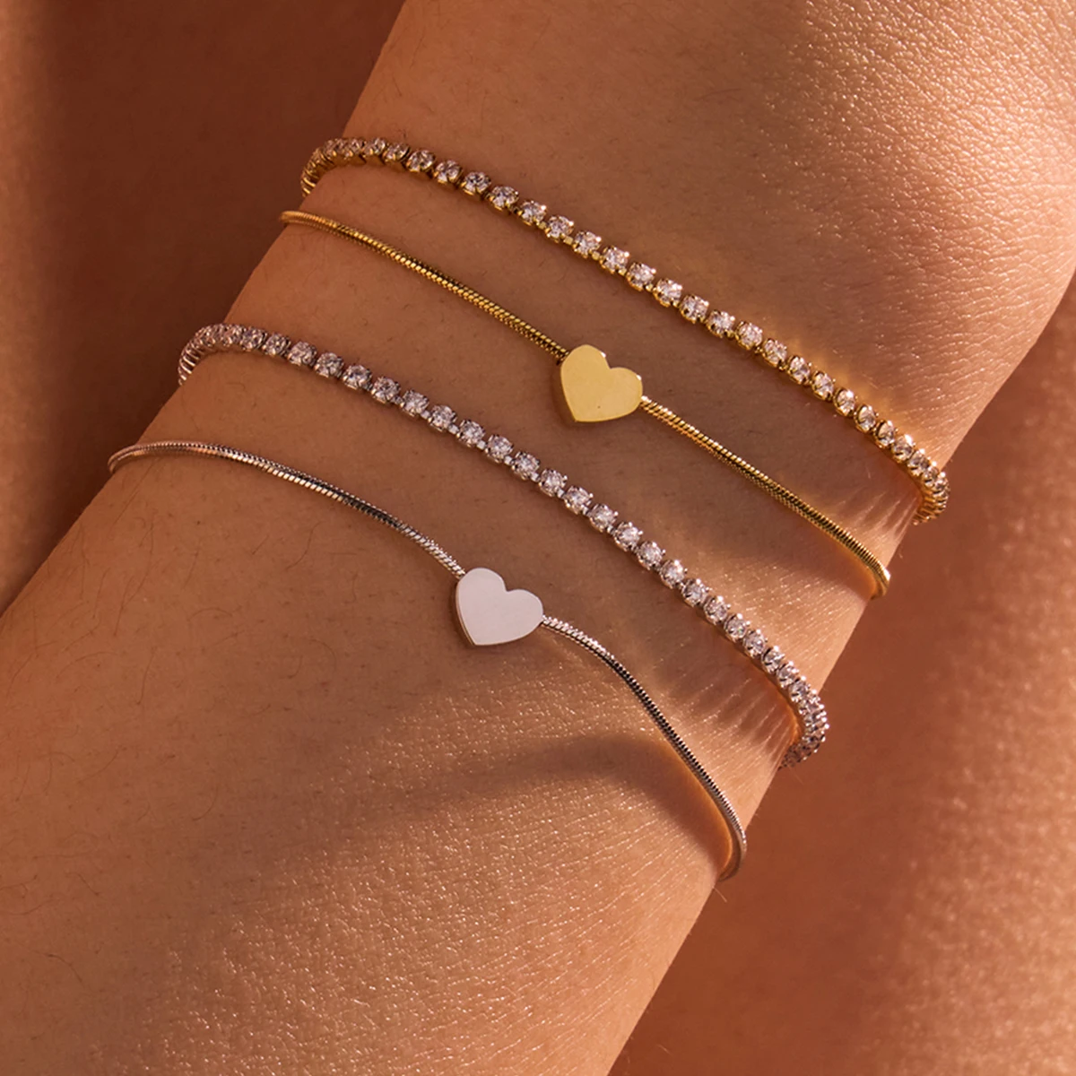 NIMAI Double Layers Zirconia Heart Bracelet Love Stainless Steel Chain Fashion Bangle Exquisite Arm Jewelry for Girl's Gifts 202