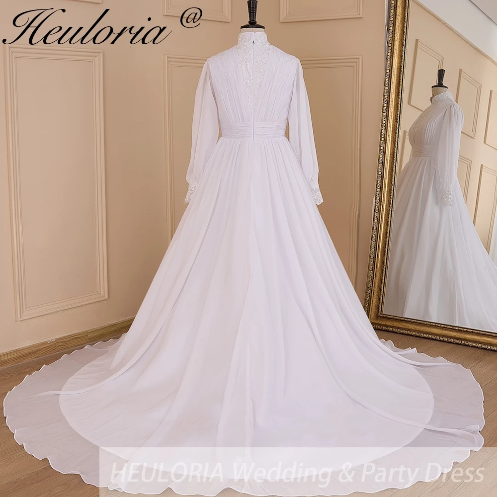 elegant heavy lace beading Muslim ball gown chiffon Wedding Dress long sleeve high neck bride dress plus size Gown