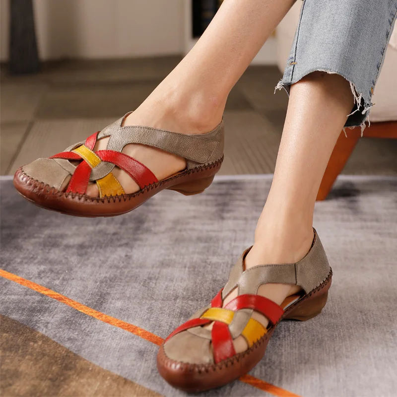 

YourSeason Genuine Leather Mixed Colors Sandals Ladies Shoes Vintage Hook Loop 2022 Summer Sewing Handmade Women Retro Shoes