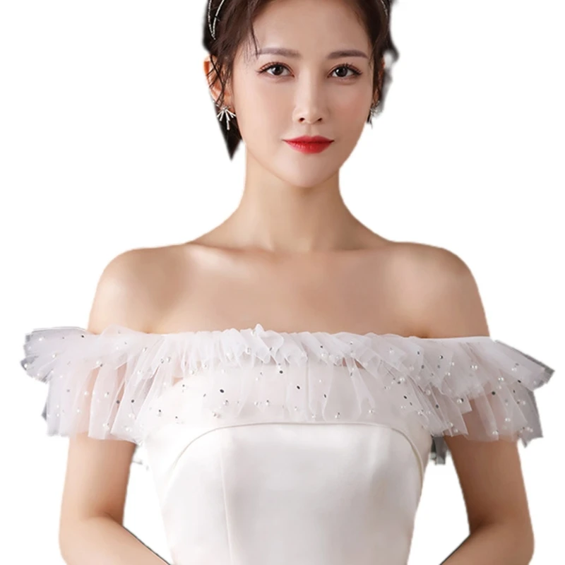 

Womens Tiered Ruffled Shawl Wrap Shrug Bridal Sexy Off Shoulder Lace-Up Tulle Cape Imitation Pearl Beading Wedding Dress Bolero