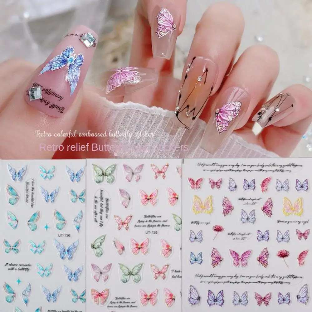 

Color Butterfly Nail Sticker Vintage 3D Colorful Spring Theme Nail Appliqué English Letter Nail Decoration Sticker