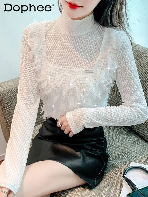 

2022 Autumn Tassel Stitching Long Sleeve Lace T-shirt Women's Half Turtleneck Bottoming Top Inner Wear New Slim Tshirt Black