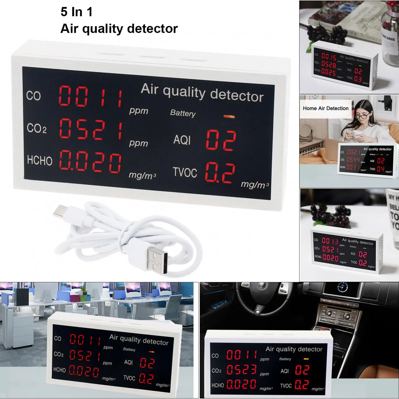 

5 In 1 Air Quality Monitor Carbon Dioxide Formaldehyde Detector CO2 HCHO TVOC CO AQI Gas Analyzer Air Quality Meter Tester