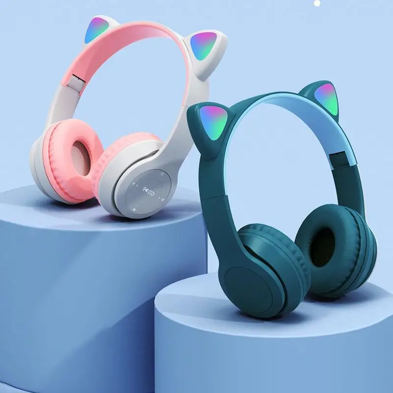 

LED Cute Cat Ears Wireless Headphones 3.5mm Plug With Mic Blue-tooth 5.0 Gaming Headset Foldable Noise Hifi Stereo Earphone