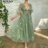 elegant green lace dresses deep v neck half sleeves tea length tulle wedding party dresses formal gowns 2022 vestidos de noche