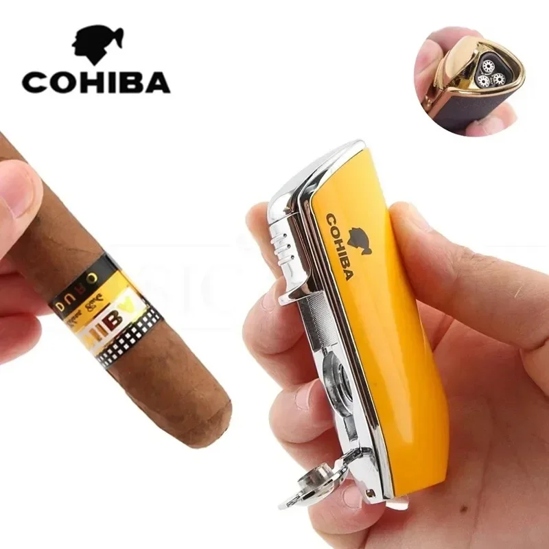 Фото COHIBA Змеиная зажигалка, металлическая 3-струйная бутановая горелка, зажигалка для штамповки сигар, острая зажигалка, нож для сигар, ножницы для сигар №1