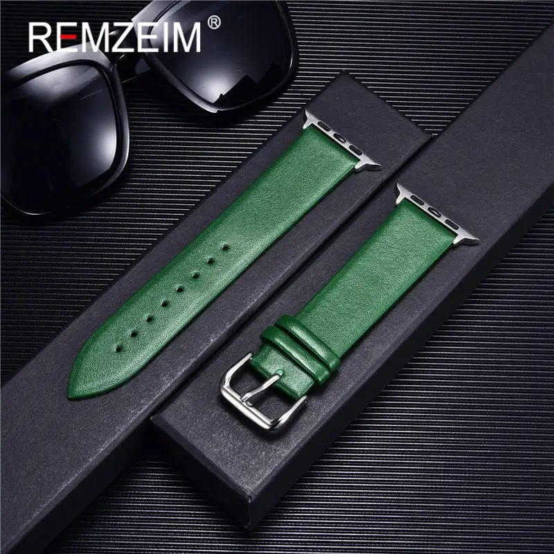 Leather loop strap for Apple Watch Band 44mm 40mm 38mm 42mm 41mm smartwatch bracelet iWatch Series 3 4 5 6 SE 7 8 45mm Green