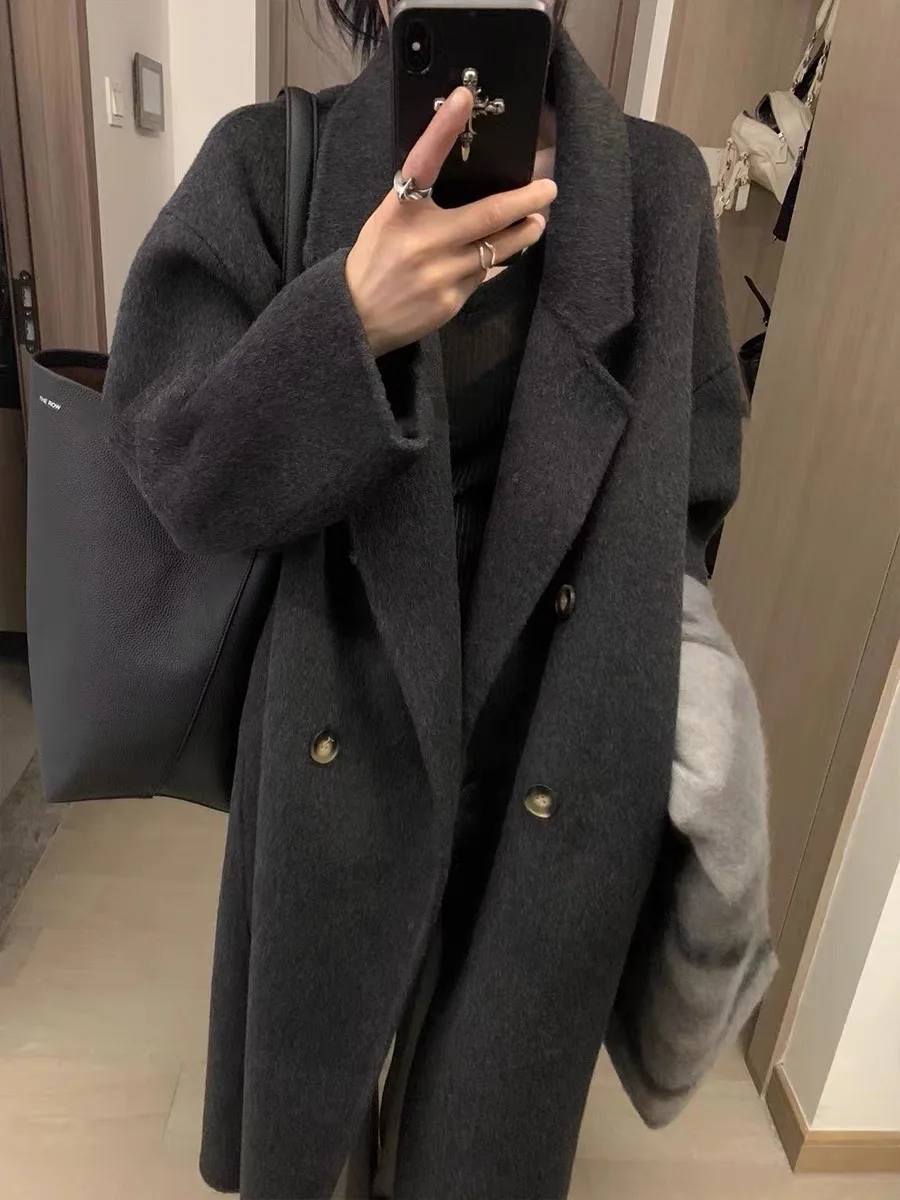 Черно-серое двустороннее шерстяное пальто для женщин новинка зимы 2024