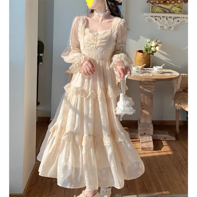 

Sweet Soft Girl Dress Summer Lace Dress Vestido Midi Feminino French Style Ladies Elegant Casual Party Embroidered Ruffle