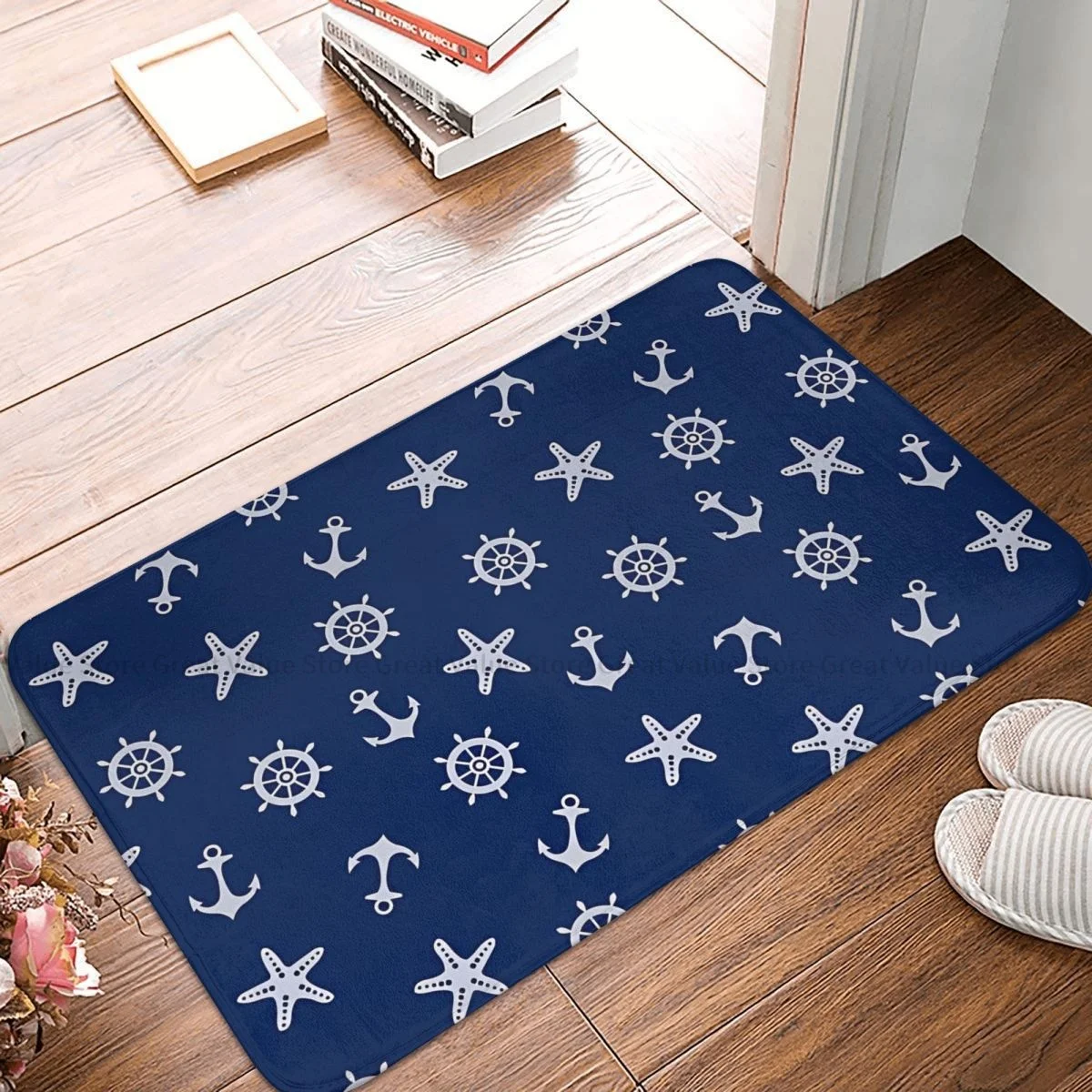 

Nautical Anchor Bath Non-Slip Carpet Navy Blue Living Room Mat Entrance Door Doormat Floor Decor Rug