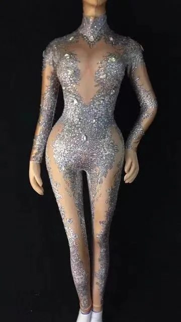 

Female Singer Gray Leggings Nightclub Nude Crystals Costume Dance Jumpsuit Women's Sexy Rhinestones Bodysuit Stage Outfit