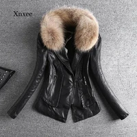 leather coat jacket women winter clothes pu fur arount collar zipper slim short jacket overcoat outwear motorcycle faux fur