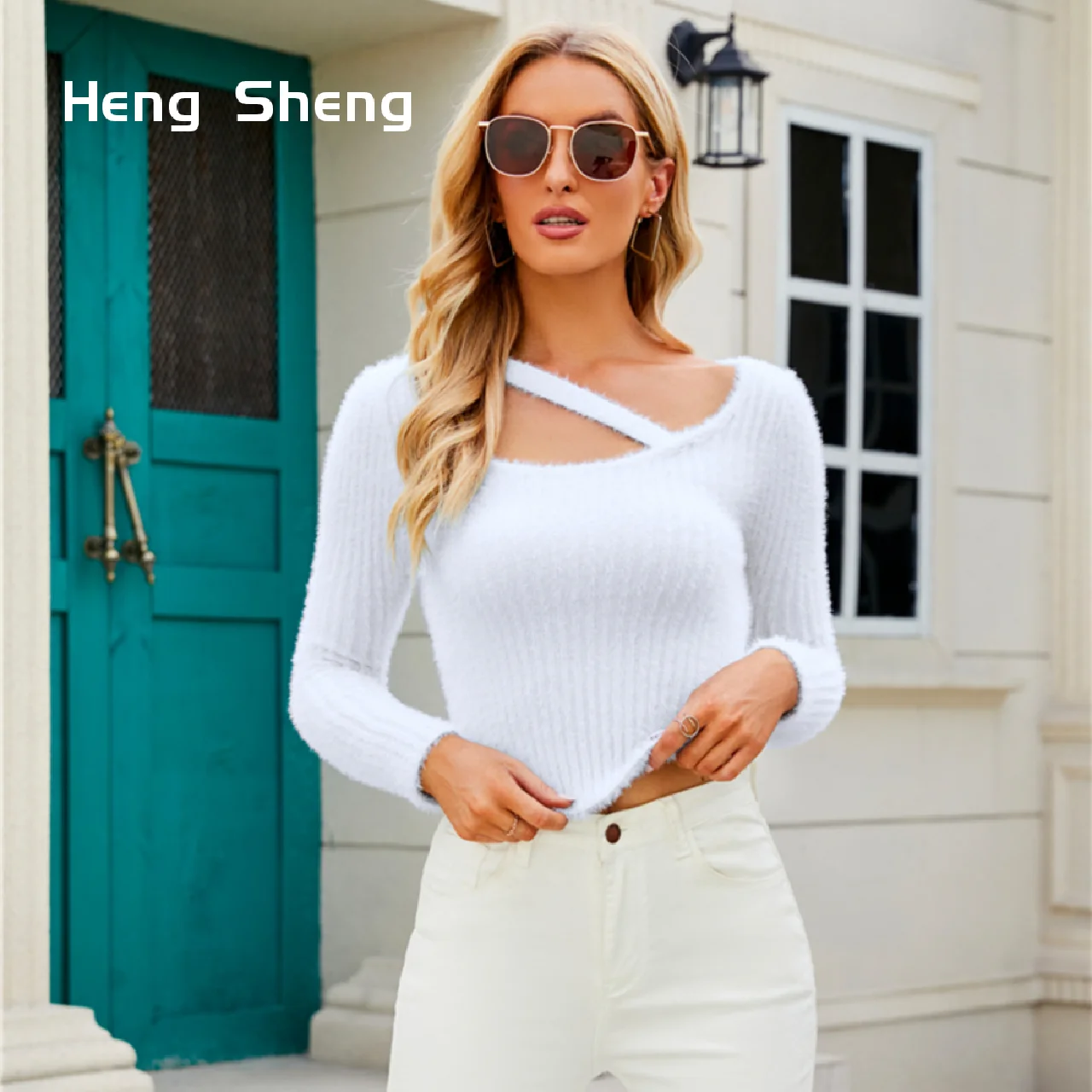 

Heng Sheng 2023 Faux Mink Hair Pure Casual Style Hanging Neck Slim Plush Short Sweater Young Lady