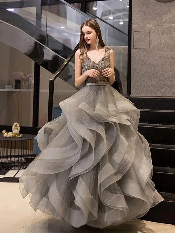 

Ball Gown Silver Prom Dress Beading Tulle Sleeveless Evening Dress