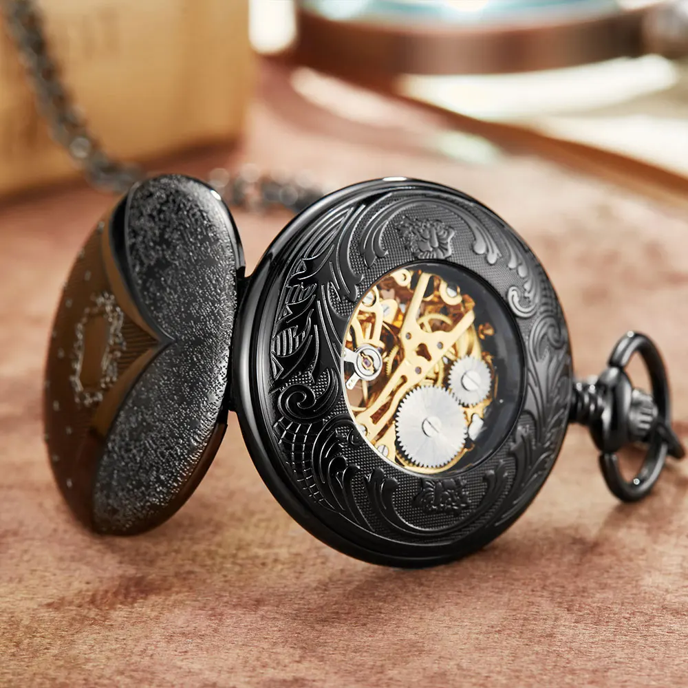 Vintage Golden Steampunk Mechanical Pocket Watch Men Hollow Skeleton Roman Dial Pocket FOB Watch Chain Male Clock Hand Wind