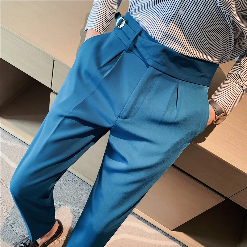 British Style Men Business Casual Dress Pants Men Belt Design Slim Trousers Formal Office Social Wedding Party Dress Suit Pant