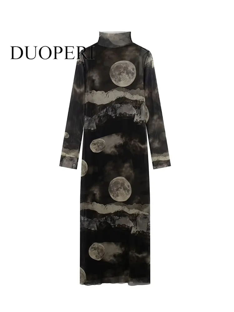 

DUOPERI Women Fashion Tulle Printed Tight Midi Dress Vintage Half High Neck Long Sleeves Female Chic Lady Dresses