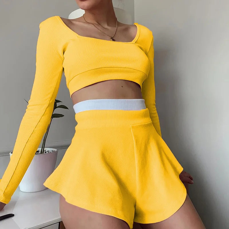 Fashion Casual Sport Shorts Skirts Set Women Summer Leisure Two Piece Set Shorts Set Solid Colors Patchwork Sexy Slim Crop Tops