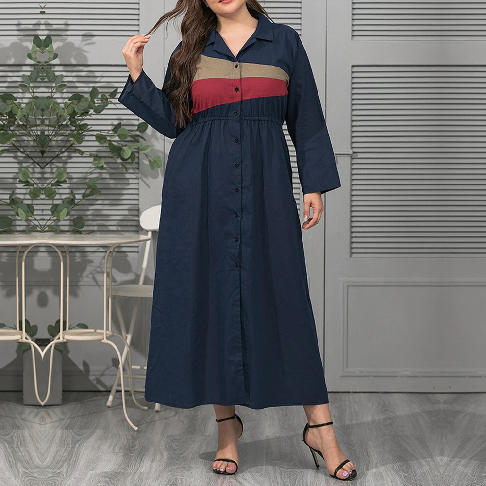 

Plus Size Women Elegant Maxi Dress Fashion Long Sleeve Party Evening Dress Lapel Collar Stitching Casual Dress XL - 4XL