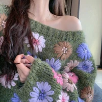 pull femme floral embroidery pullover women sweater 2022 sexy strapless bat knitted top green causal loose knitwear