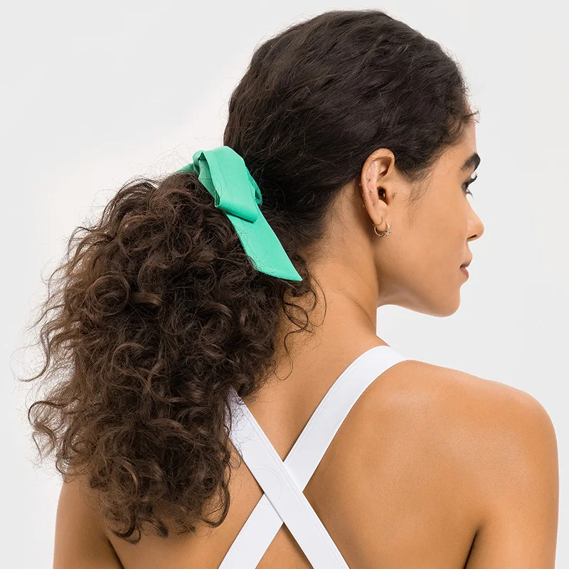 Logo Printed Love Knots Tie Scrunchie Long Flowy Attached Bow Strings Headband For Women Cute Yoga Accessories