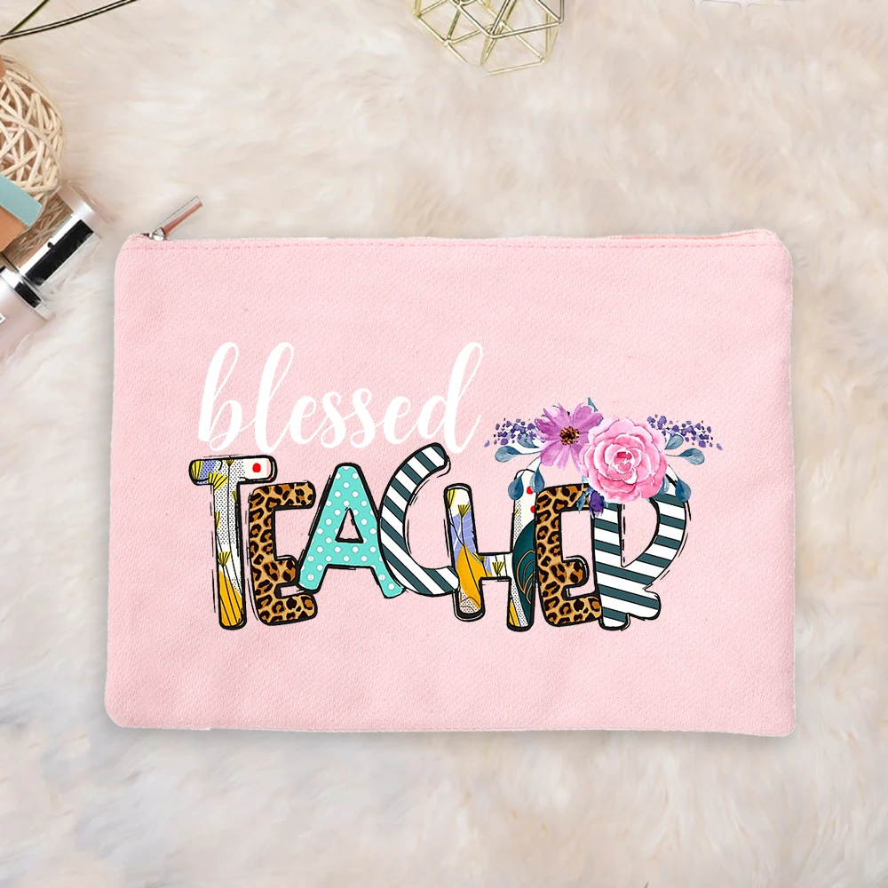 

Blessed Teacher Makeup Pouch Women Canvas Cosmetic Cases Bag Back To School Teacher Gift Toiletry Wash Storage Jewelry Organizer