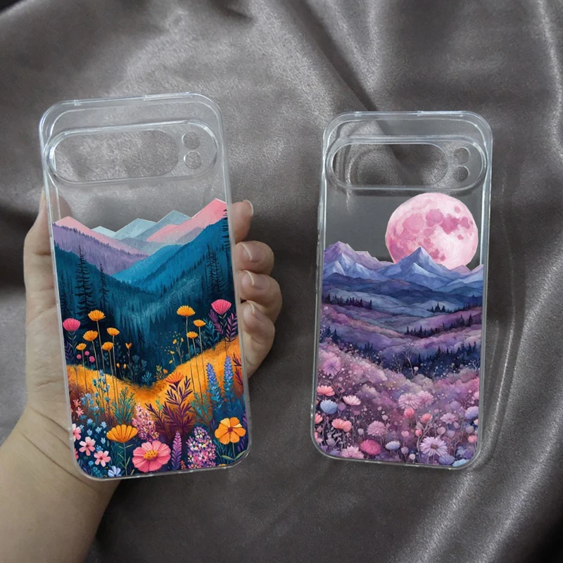 Mountain Forest Village Phone Case For Google Pixel 9 Pro XL 7A 8 6A 5G Landscape Hand Painted Clear Soft TPU Cover Fundas