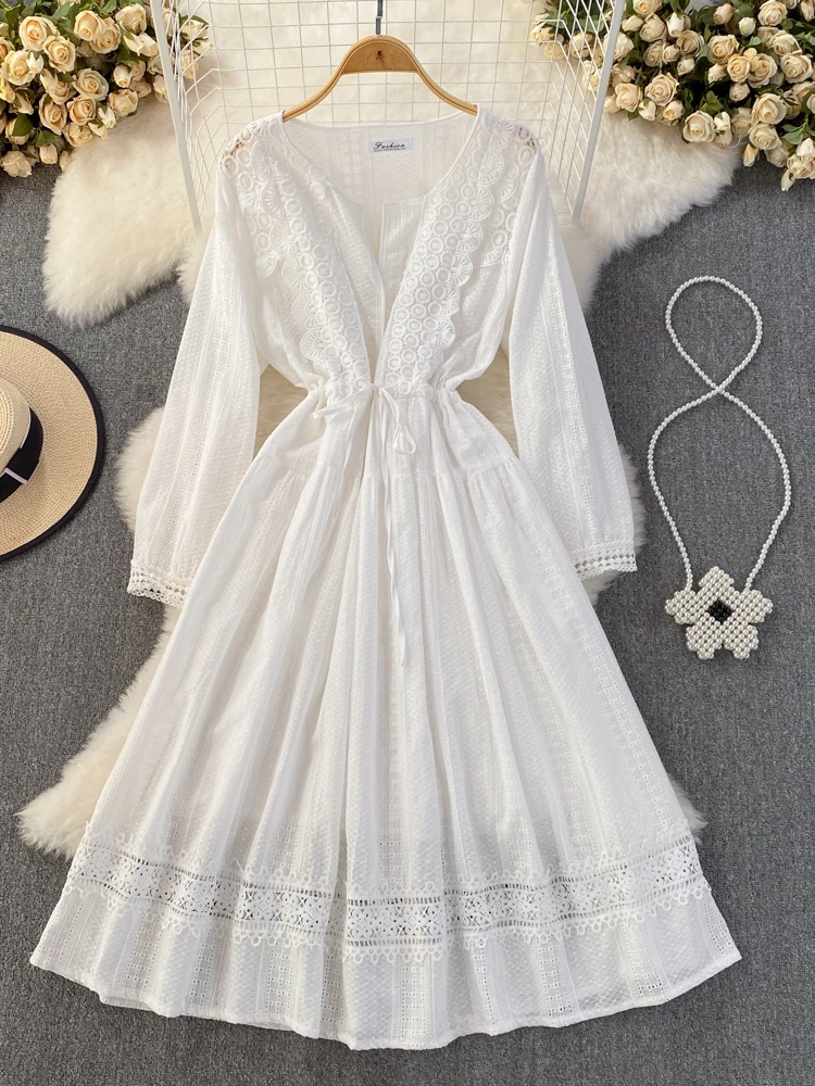 

Новинка, винтажное блестящее осеннее однотонное тонкое женское платье FMFSSOM, трапециевидный шифоновый пуловер с V-образным вырезом, женские платья до середины икры