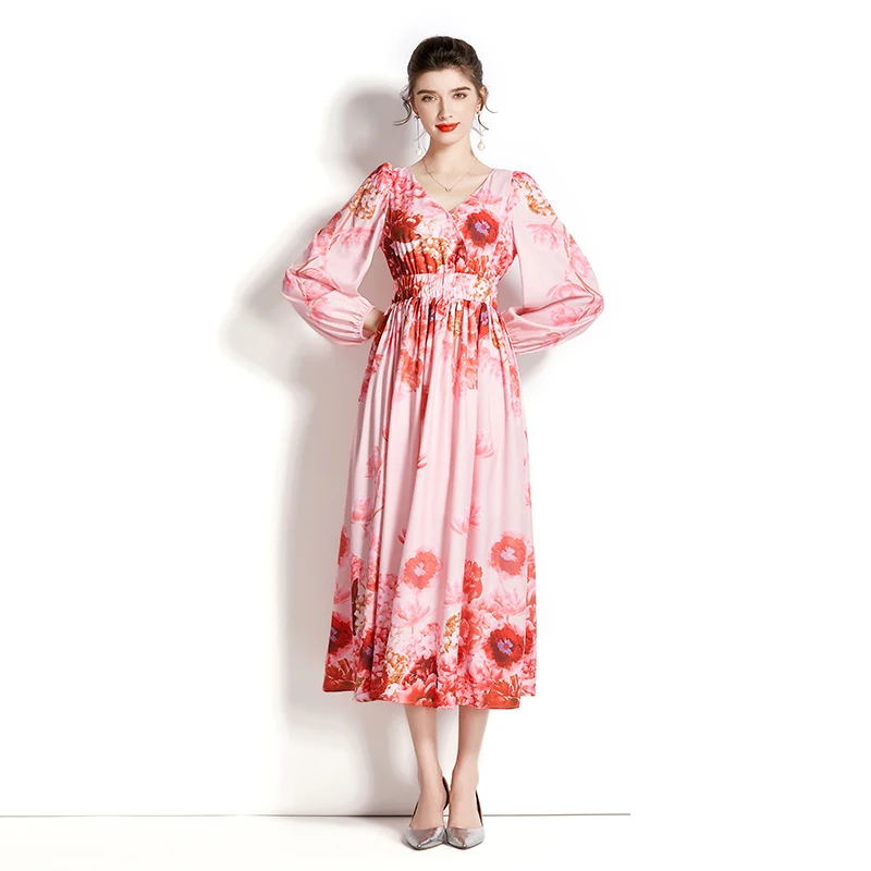 

Elegant V-Neck Autumn Women Midi Dresses Runway Luxury Lantern Sleeve High Waist Floral Print Temperament Vacation Long Dress