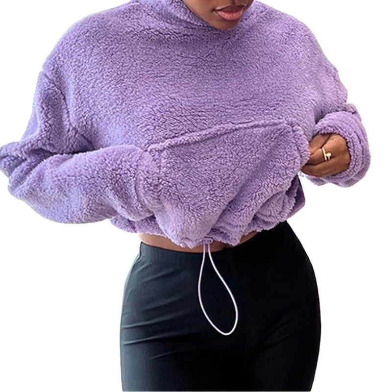 

Women Cashmere Crop Tops Autumn Winter Solid Color Casual Street Sweatshirt Long Sleeve Stand Collar Drawstring Hem Pullovers