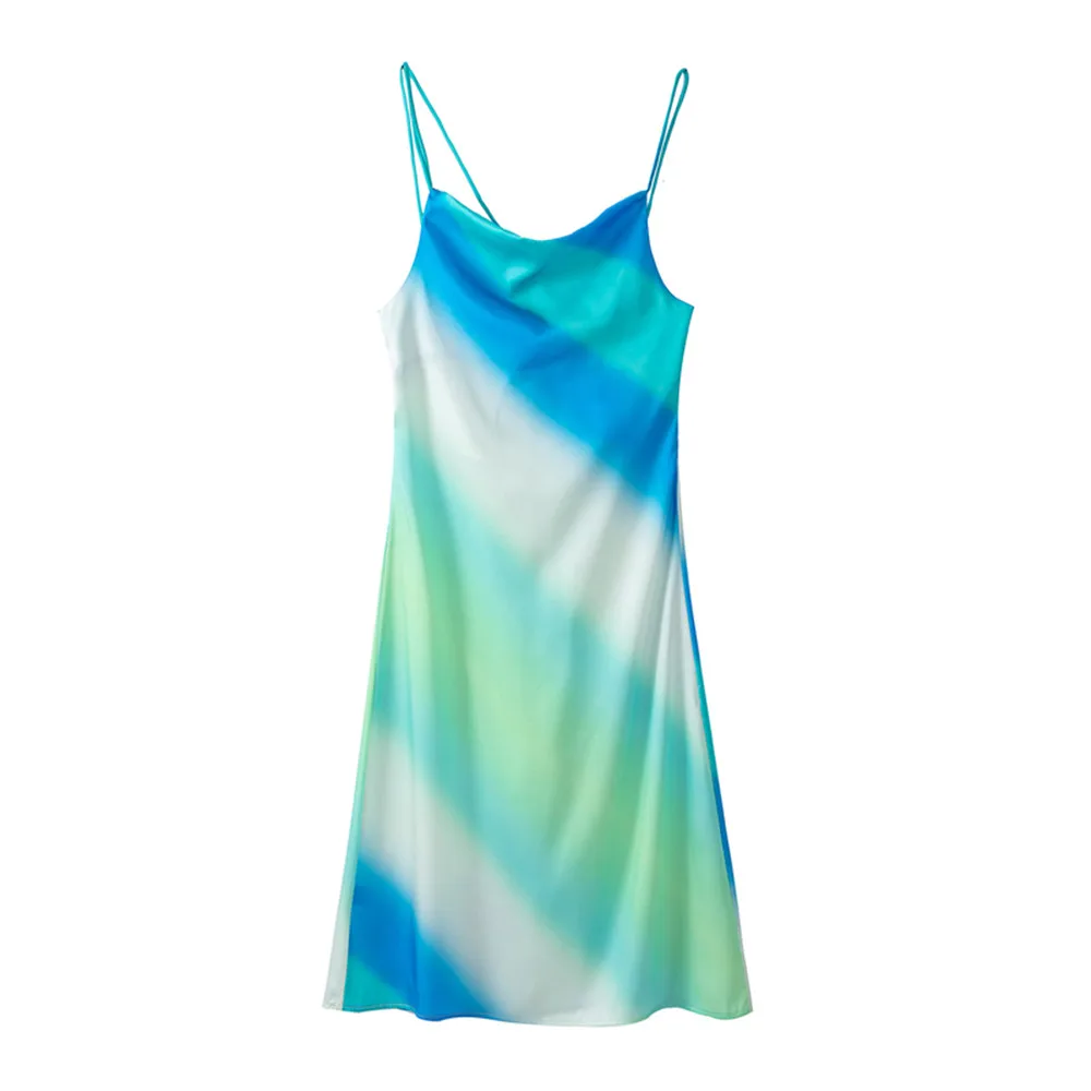 

PB&ZA spring and summer new women's holiday style slim drape collar sling tie-dyed silk satin texture dress 8342/352 8342352