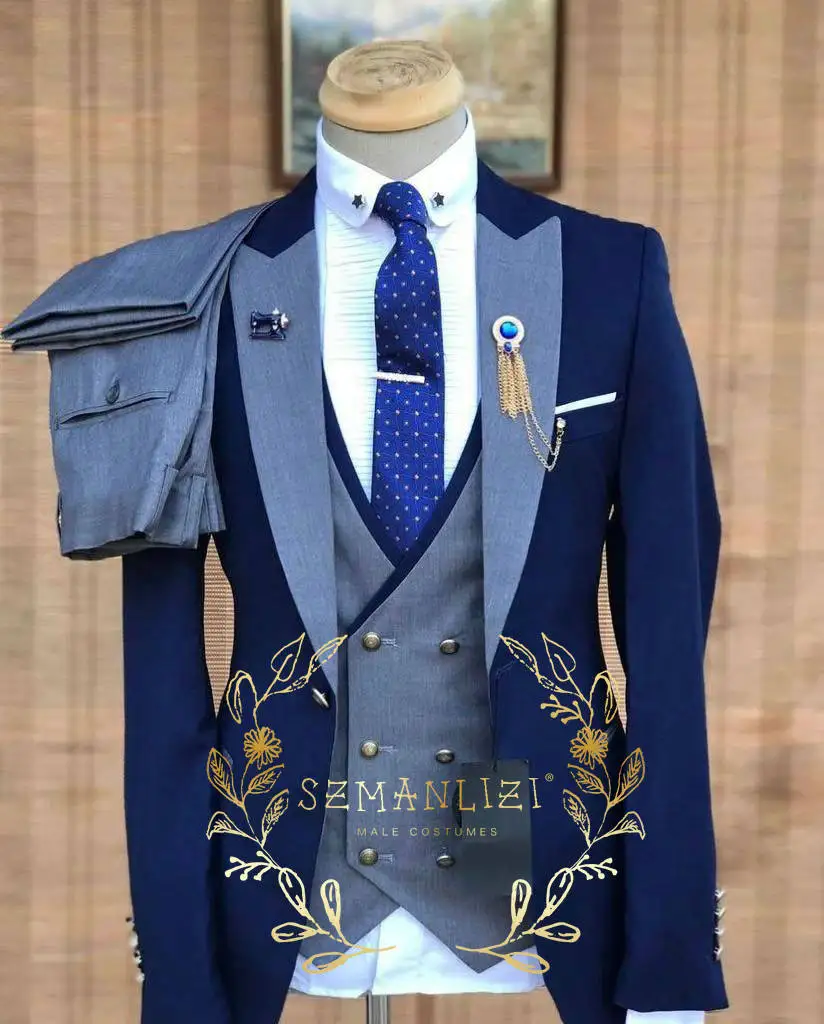 Повседневные Бежевые мужские костюмы, свадебные смокинги, 3 предмета, приталенный пиджак на одной пуговице, жилет, брюки, одежда для жениха Вечерние одежда для вечеринки, выпускного, Лучший мужской костюм с блейзером