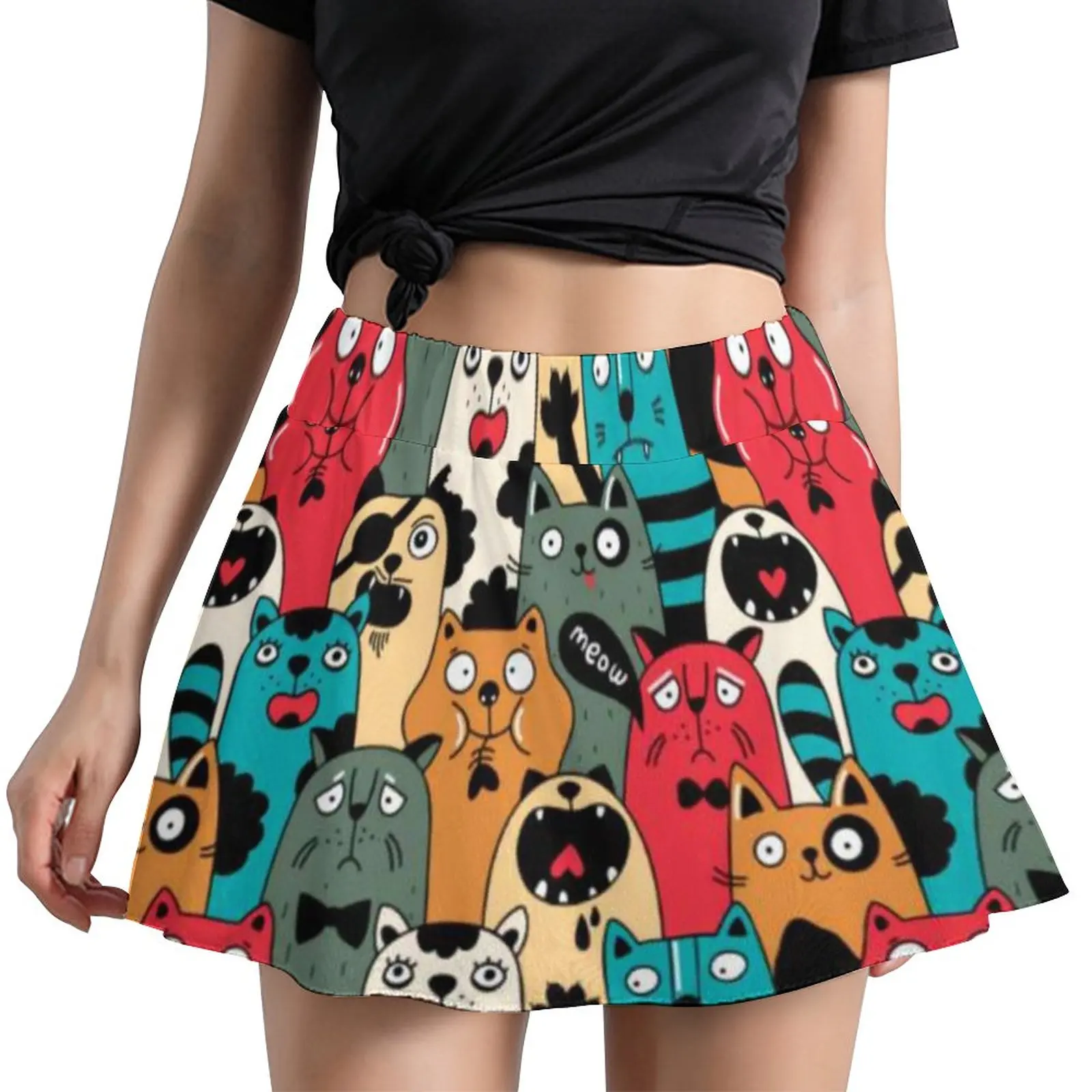 

Cartoon Cat A-line Skirt Women The Crowd Of Cats Modern Mini Skirts Elastic Waist Printed Aesthetic Casual Skirt Big Size