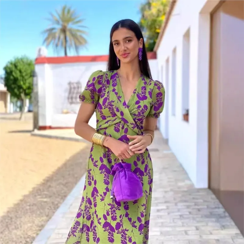 Лето 2024 женское платье миди со шнуровкой и принтом модное с v-образным вырезом