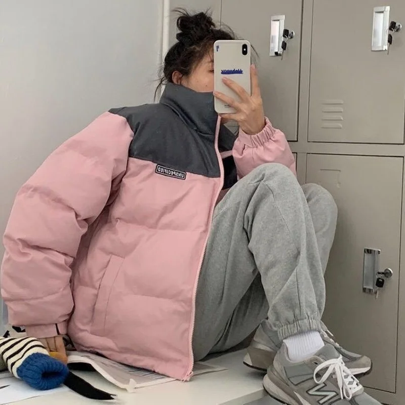 2022 New Zipper Jacket Korean Fashion Color Matching Jacket Winter Women's Warmth and Thick Stand-up Collar Loose Parker Clothes