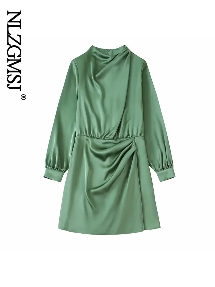 

Nlzgmsj 2022 Autumn Women Fashion O Neck Collar Green Soft Satin Midi Dress Female Chic Irregular Hem Party Vestidos
