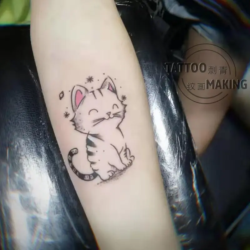 

2022 New Cute Happy Cat Cartoon Anime Art Waterproof Tattoo Stickers for Woman Man Body Temporary Tattoo Cat Fake Tattoo