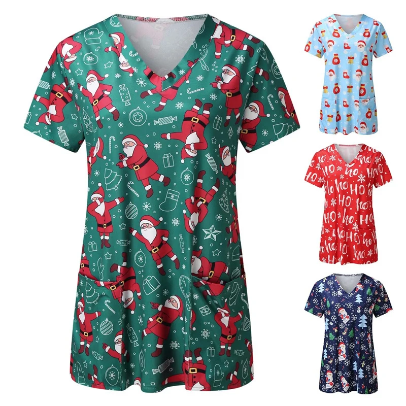 Женская униформа медсестры рабочая футболка с принтом С Рождеством коротким