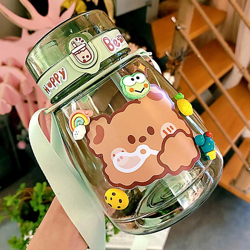 

Cute Bear Plastic Water Bottle For Children Girl School Travel Milk Tea Juice Portable Gourd With Straw 3D Sticker