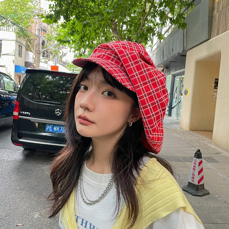 

Японский Красный Клетчатый берет, женская шапка ранней осени, модная восьмиугольная зеркальная шапка художника