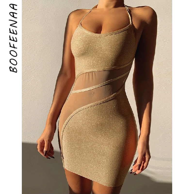 

BOOFEENAA шикарные золотые мини-платья с лямкой на шее с открытой спиной Лето 2022 сексуальная женская одежда из прозрачной сетки