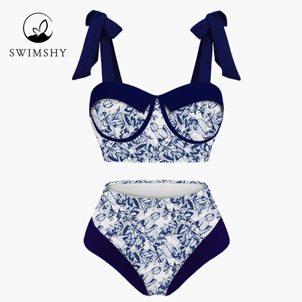 2022 Bikinis Chic Print Bathing Suit Fashion Lace Up High Waist Swimsuit Women Beachwear Split-joint Swimwear Backless Surf Wear