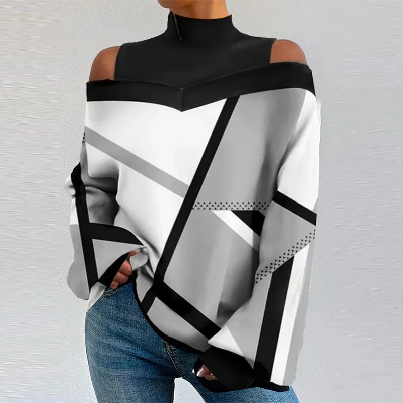 

Vintage Geometric Print Patchwork Sweatshirts Women Fashion Cold Shoulder Hollow Tops Pullover Autumn Winter Long Sleeve Hoodies