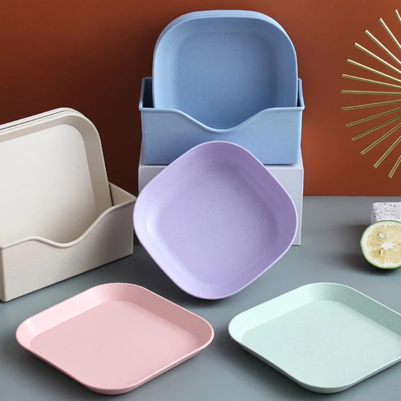 

7Pcs Square Wheat Straw Plates Salad Bowl Reusable Food Serving Dishes with Rack
