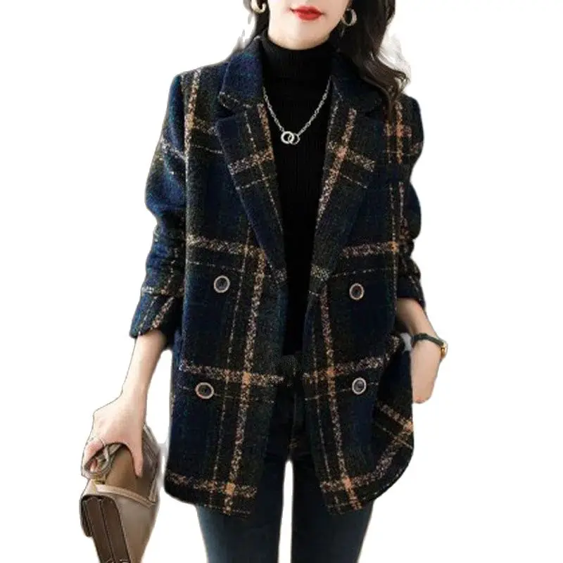 

2023 New Spring Autumn New Plaid Woolen Coat Fashion British Style Korean Slim Vintage Plaid Wool Coats Women Suit Jacket 4XL