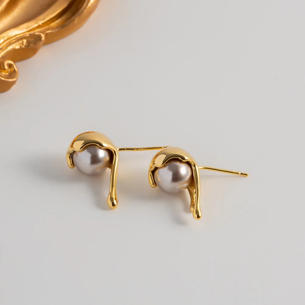 

Freshwater Pearl Ball Soup Spoon Geometric Earrings for Women Brass 18K Plated Gold Does Not Fade Jewelry