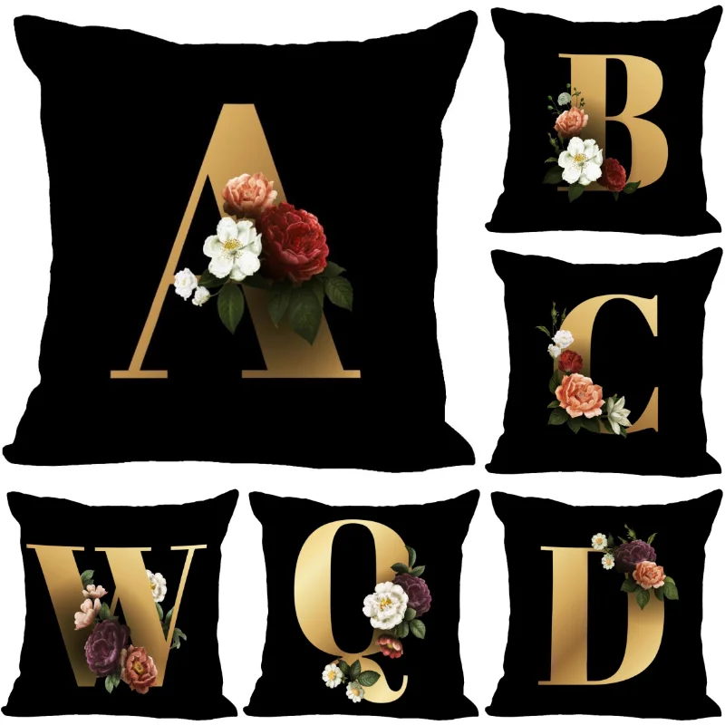 

New Floral Alphabet Pillow Case For Home Decorative Satin Pillows Cover Invisible Zippered Throw Cushions Cover 1007