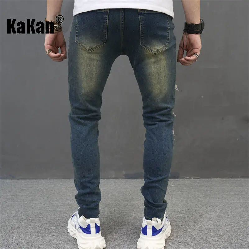 Kakan - New European and American Distressed and Worn Patch Jeans for Men, Slim Fitting Stretch Trendy Long Jeans K013-629