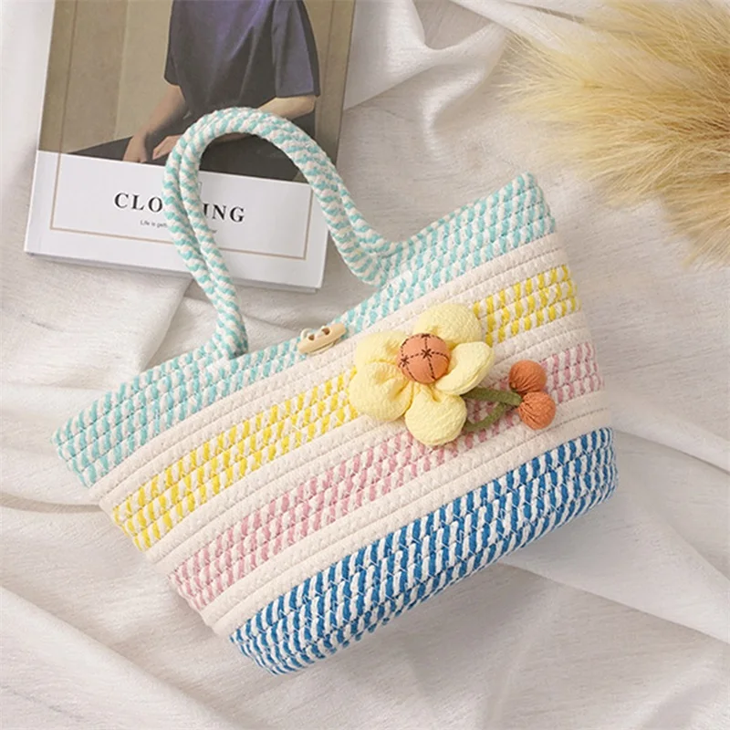 

Женская хлопковая пляжная сумка, летняя полосатая Сумка-тоут, корзина для повседневного шоппинга, хлопковая Льняная сумка с пряжкой, пляжна...