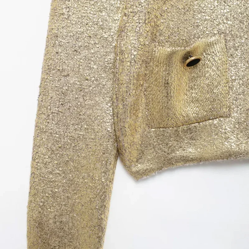 Женский короткий кардиган из фольги с длинным рукавом и пуговицами